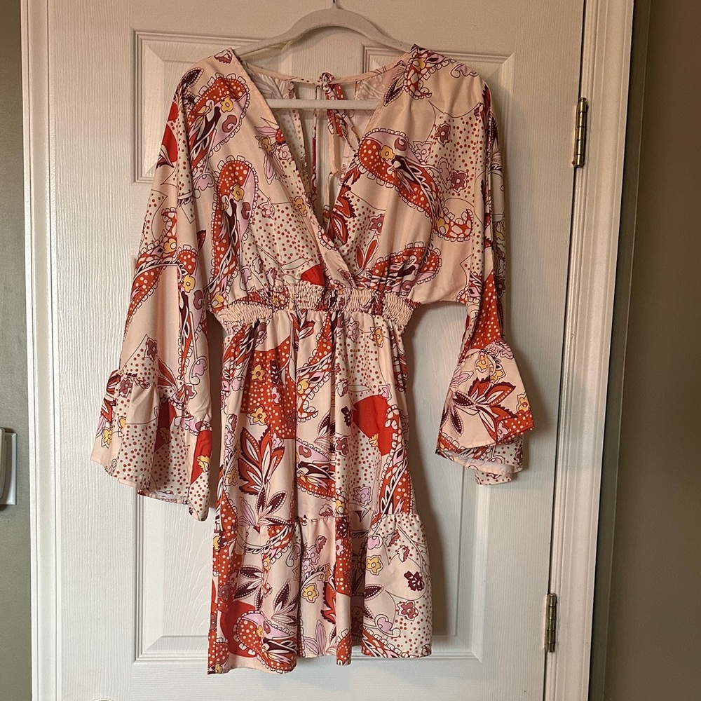 Floral Long Sleeve Dress with Lace-Up Back